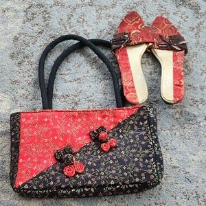 Vintage Mingenifer Chinese Silk Purse Shoes Set Red Black 6